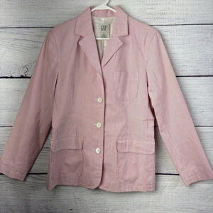 GAP Women’s Pink White Striped Cotton Blazer Jacket Pinstripe Seersucker Size 4